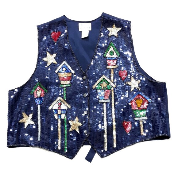 Quacker Factory Women's Vest Sequins Bird Houses Navy 1X - Picture 1 of 4